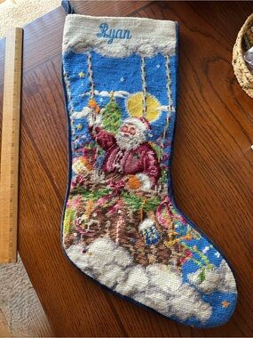 RYAN Sferra Needlepoint Christmas Stocking 23" Long Sparkle Santa Scene Large